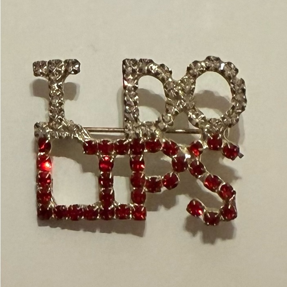 Silver "I DO LIPS" Crystal and Red Rhinestone Brooch